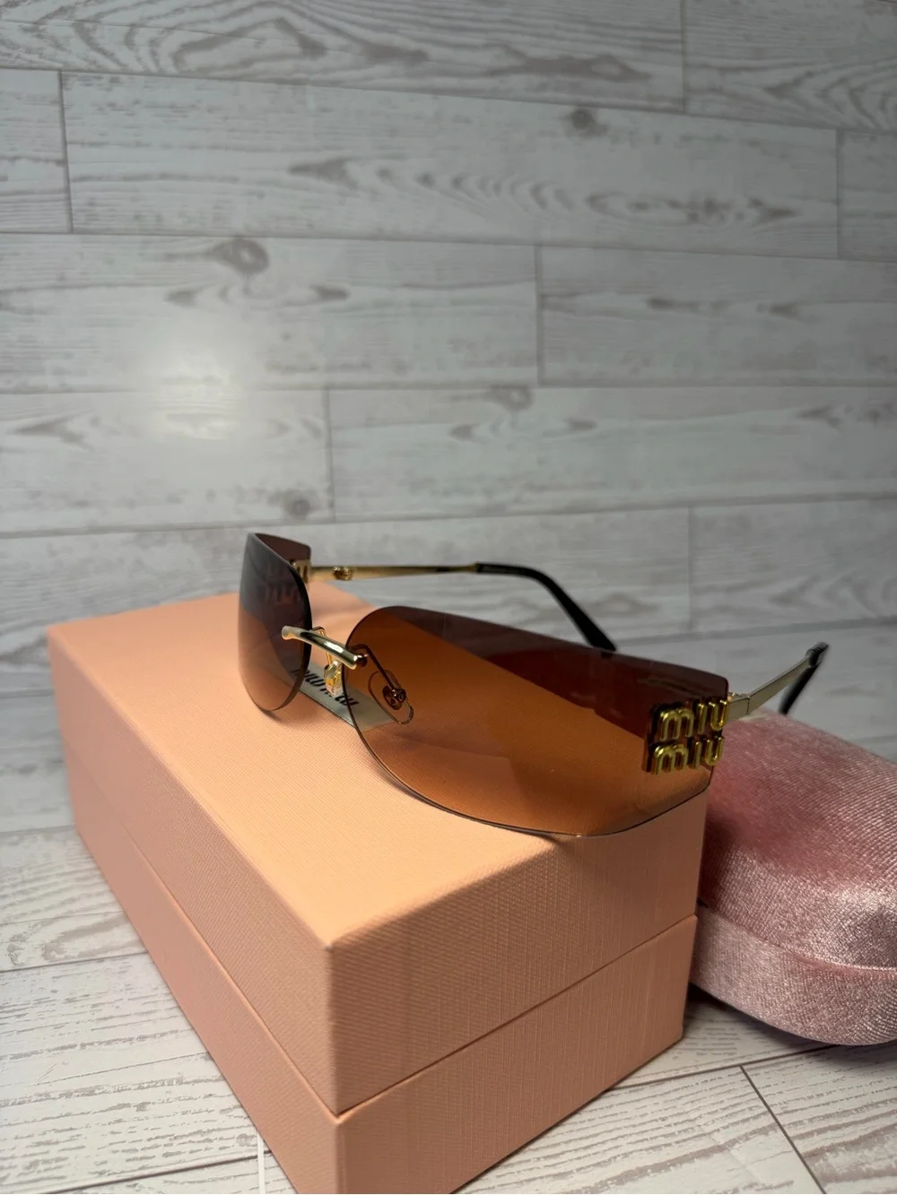 Brown Gradient Rimless Shield Sunglasses with Gold Logo Temples